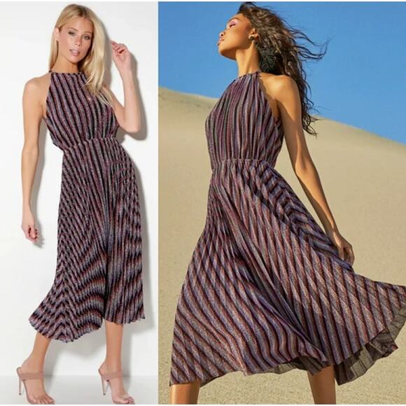 Lucy Paris Rebecca Striped Pleated Halter Midi Dress Purple NWT - Picture 16 of 16